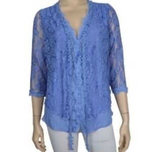 Pretty Angel Women Blue Floral Lace Layered Tie Front Top‎ Linen Blend XL NWT